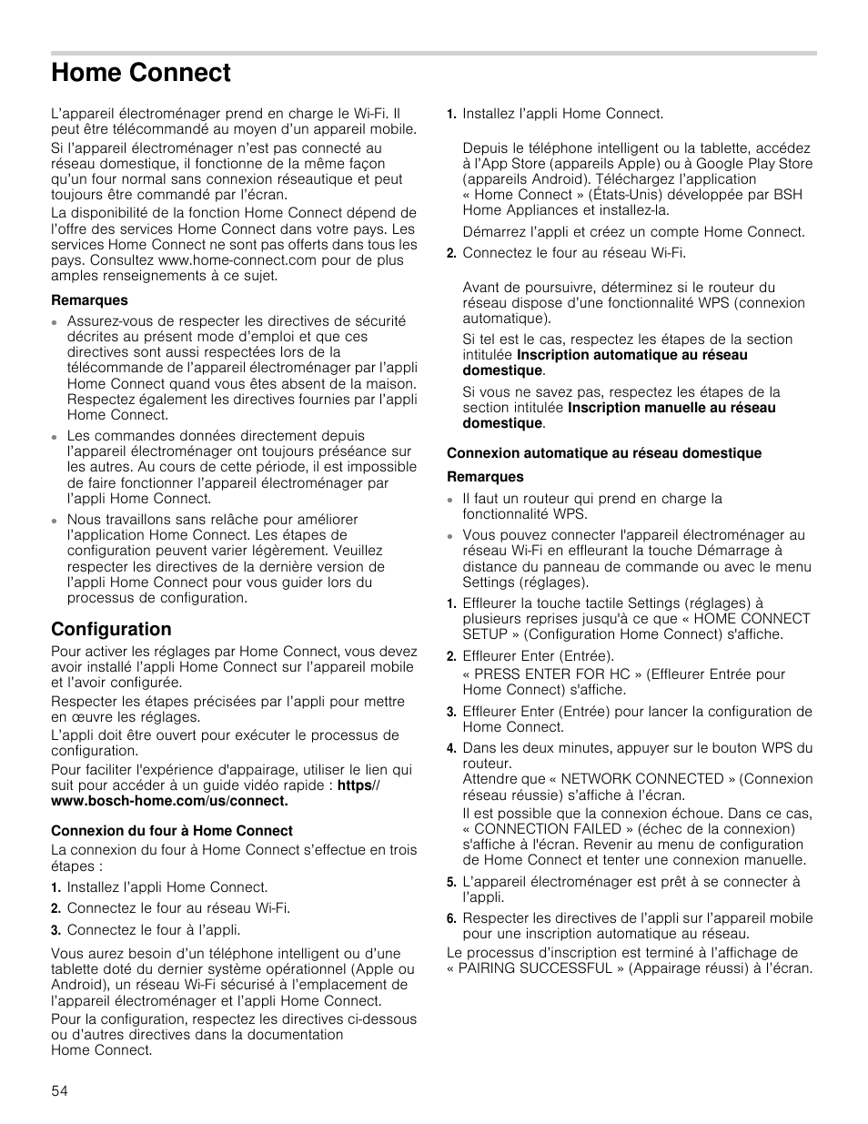 Home connect, Remarques, Configuration | Connexion du four à home connect, Installez l’appli home connect, Connectez le four au réseau wi-fi, Connectez le four à l’appli, Connexion automatique au réseau domestique, Effleurer enter (entrée) | Bosch 800 Series 30 Inch Double Speed Combination Smart Electric Wall Oven Owners Manual User Manual | Page 54 / 76
