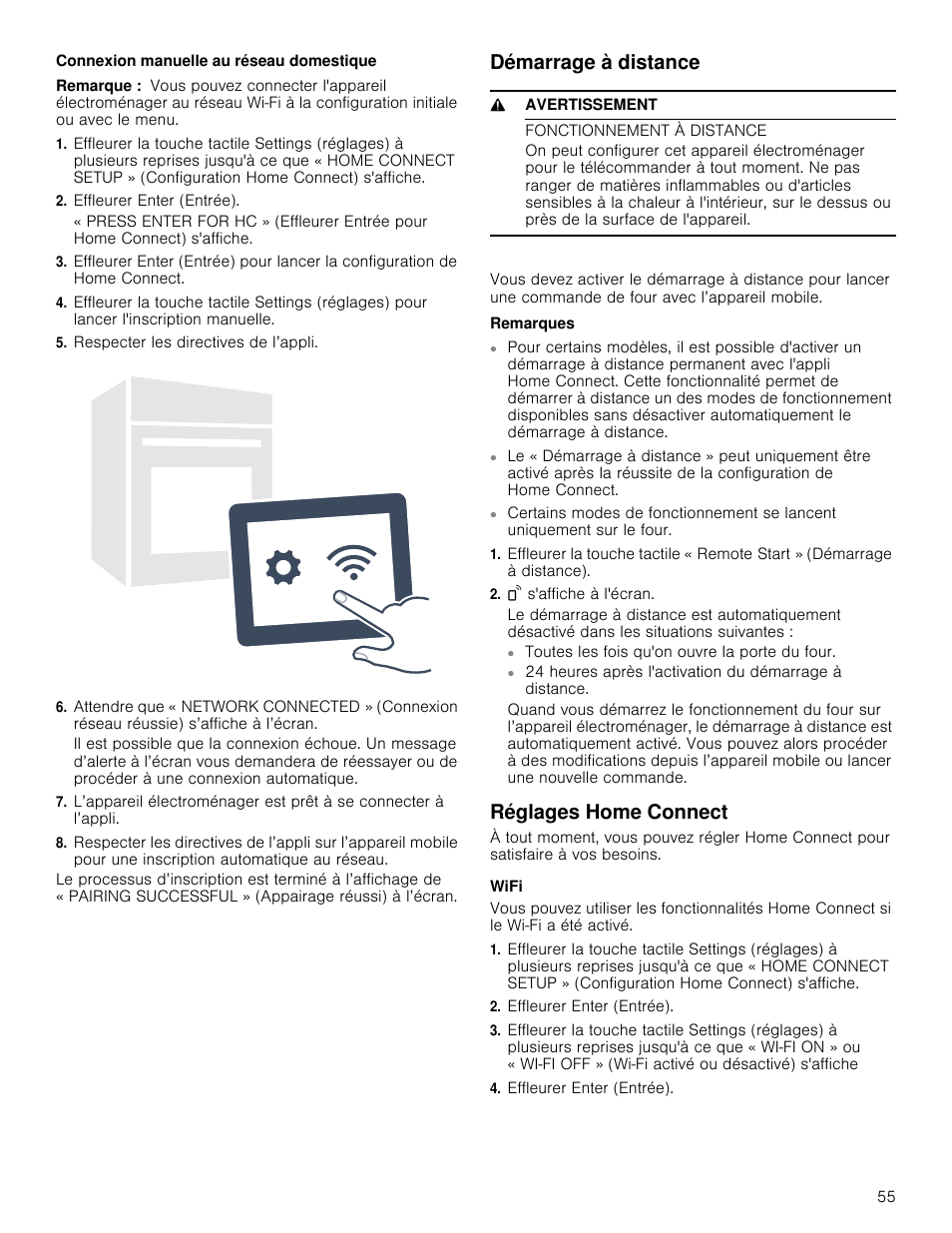 Connexion manuelle au réseau domestique, Remarque, Effleurer enter (entrée) | Respecter les directives de l’appli, Démarrage à distance, 9 avertissement, Remarques, F s'affiche à l'écran, Réglages home connect, Wifi | Bosch 800 Series 30 Inch Double Speed Combination Smart Electric Wall Oven Owners Manual User Manual | Page 55 / 76