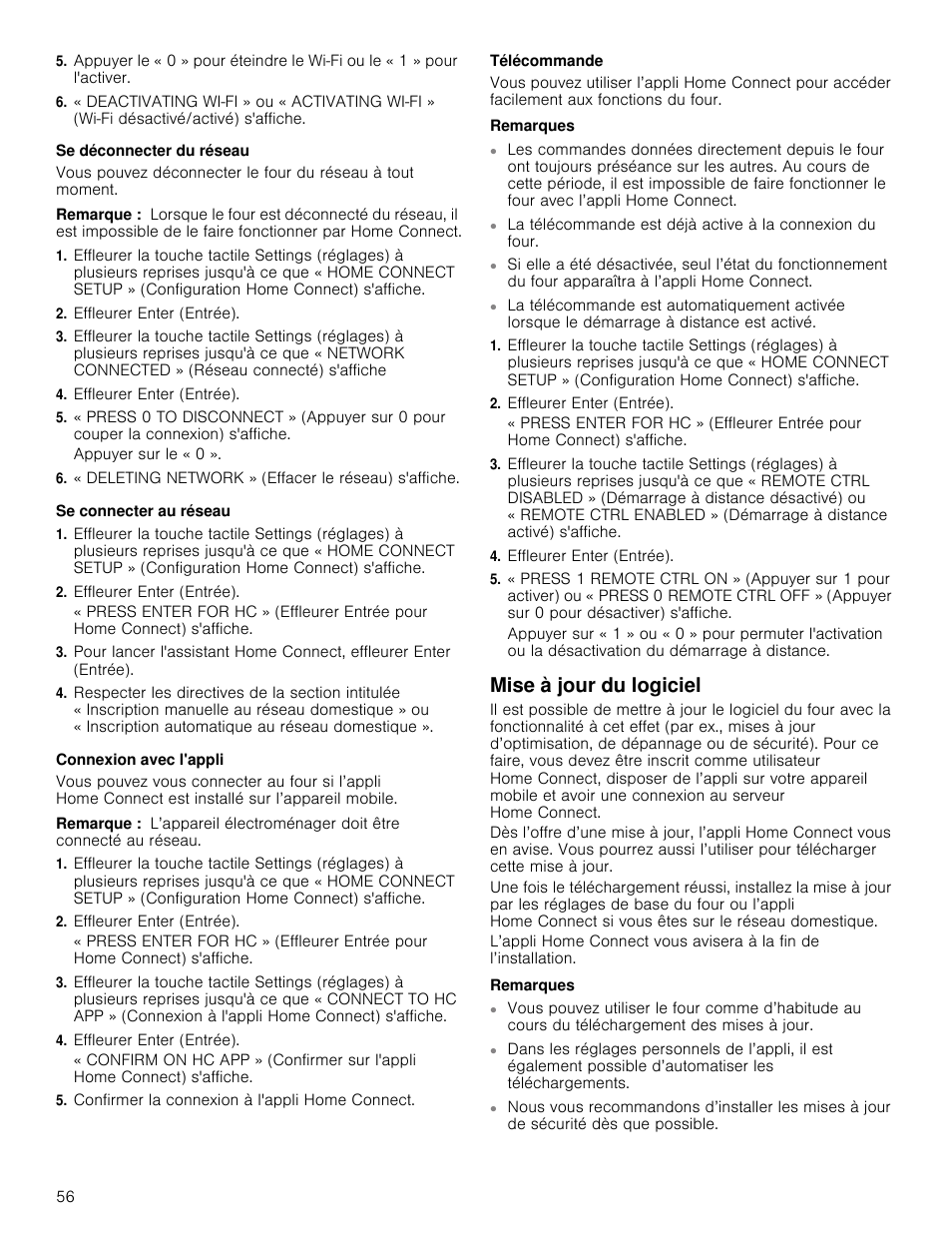 Se déconnecter du réseause déconnecter du réseau, Remarque, Effleurer enter (entrée) | « deleting network » (effacer le réseau) s'affiche, Se connecter au réseause connecter au réseau, Connexion avec l'appli, Confirmer la connexion à l'appli home connect, Télécommande, Remarques, Mise à jour du logiciel | Bosch 800 Series 30 Inch Double Speed Combination Smart Electric Wall Oven Owners Manual User Manual | Page 56 / 76