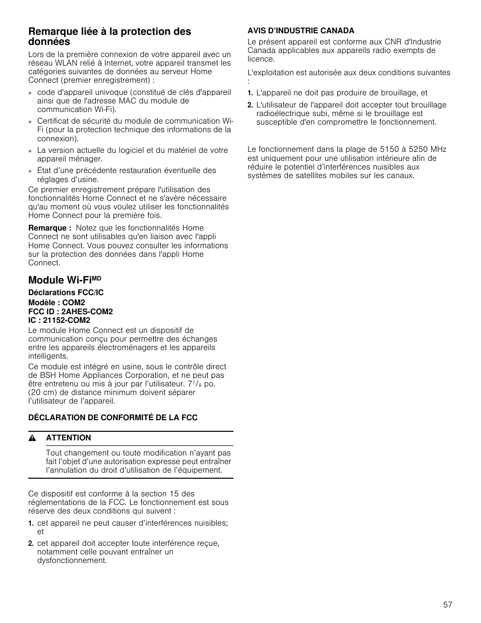 Remarque liée à la protection des données, Remarque, Module wi-fimd | Déclaration de conformité de la fcc, 9 attention, Avis d’industrie canada, L'appareil ne doit pas produire de brouillage, et, Module wi-fi | Bosch 800 Series 30 Inch Double Speed Combination Smart Electric Wall Oven Owners Manual User Manual | Page 57 / 76