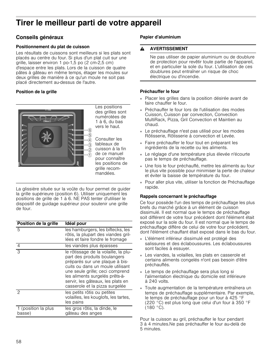 Tirer le meilleur parti de votre appareil, Conseils généraux, Positionnement du plat de cuisson | Position de la grille, Papier d'aluminium, 9 avertissement, Préchauffer le four, Rappels concernant le préchauffage | Bosch 800 Series 30 Inch Double Speed Combination Smart Electric Wall Oven Owners Manual User Manual | Page 58 / 76