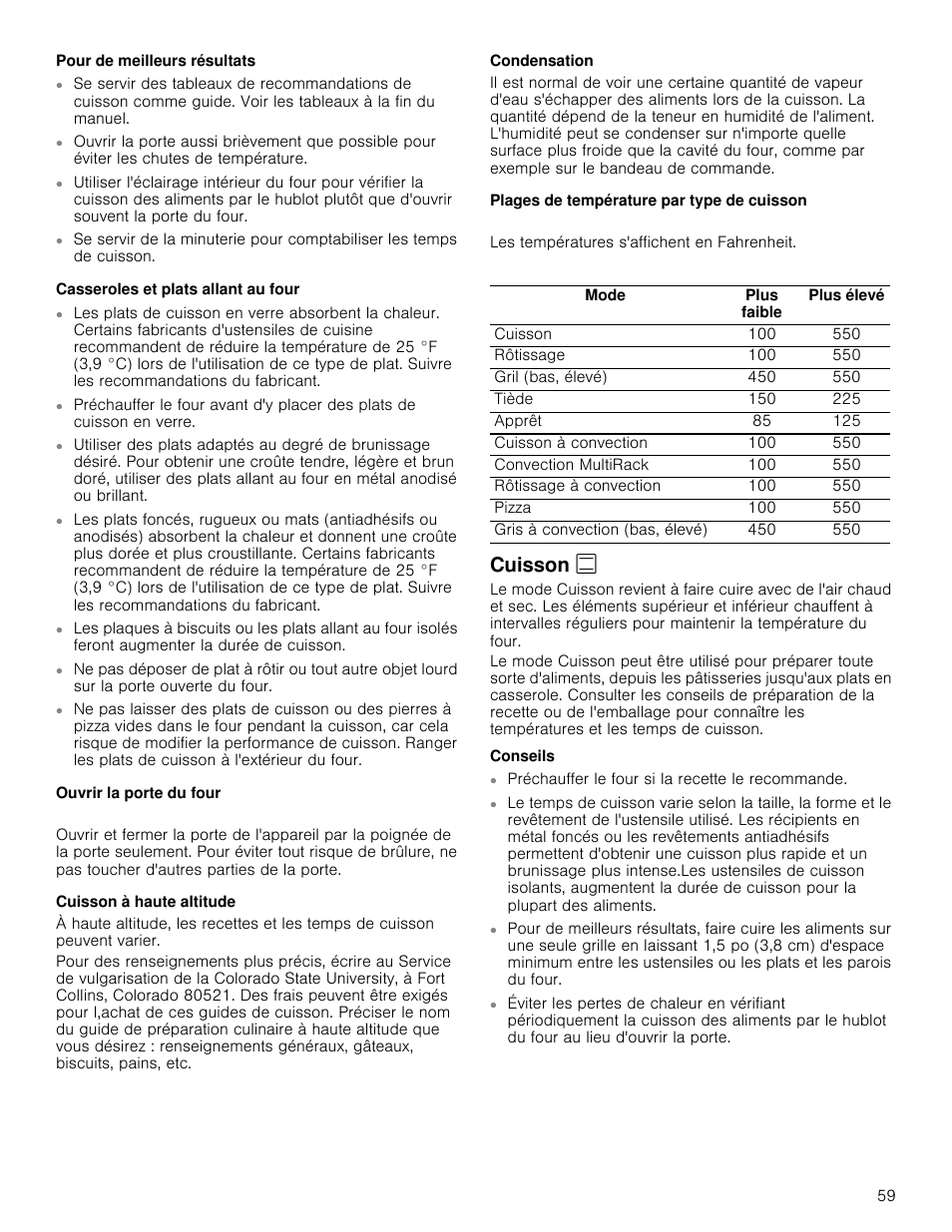 Pour de meilleurs résultats, Casseroles et plats allant au four, Ouvrir la porte du four | Cuisson à haute altitude, Condensation, Plages de température par type de cuisson, Mode, Plus faible, Plus élevé, Cuisson | Bosch 800 Series 30 Inch Double Speed Combination Smart Electric Wall Oven Owners Manual User Manual | Page 59 / 76