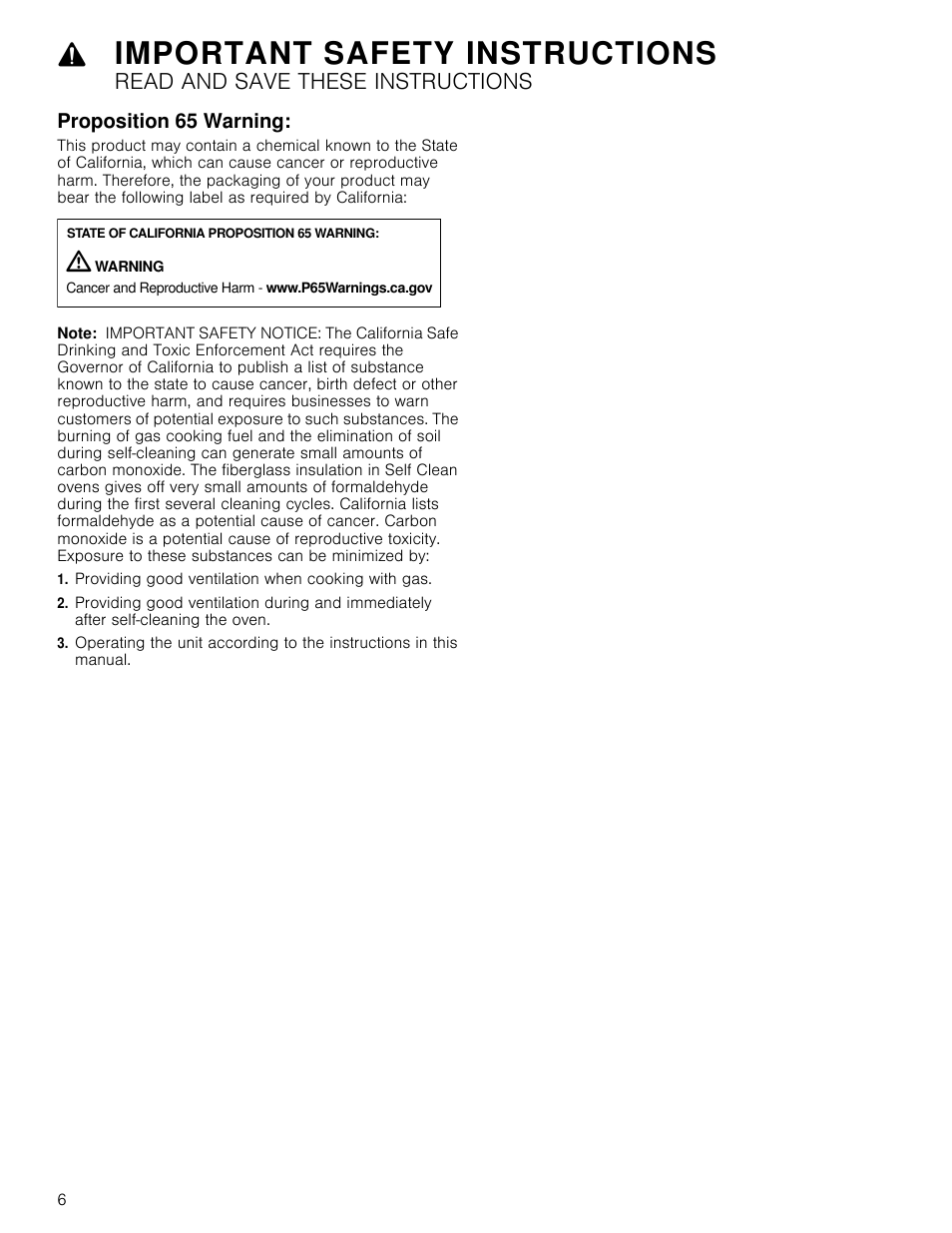 Proposition 65 warning, Note, Providing good ventilation when cooking with gas | Warning, Important safety instructions, Read and save these instructions | Bosch 800 Series 30 Inch Double Speed Combination Smart Electric Wall Oven Owners Manual User Manual | Page 6 / 76