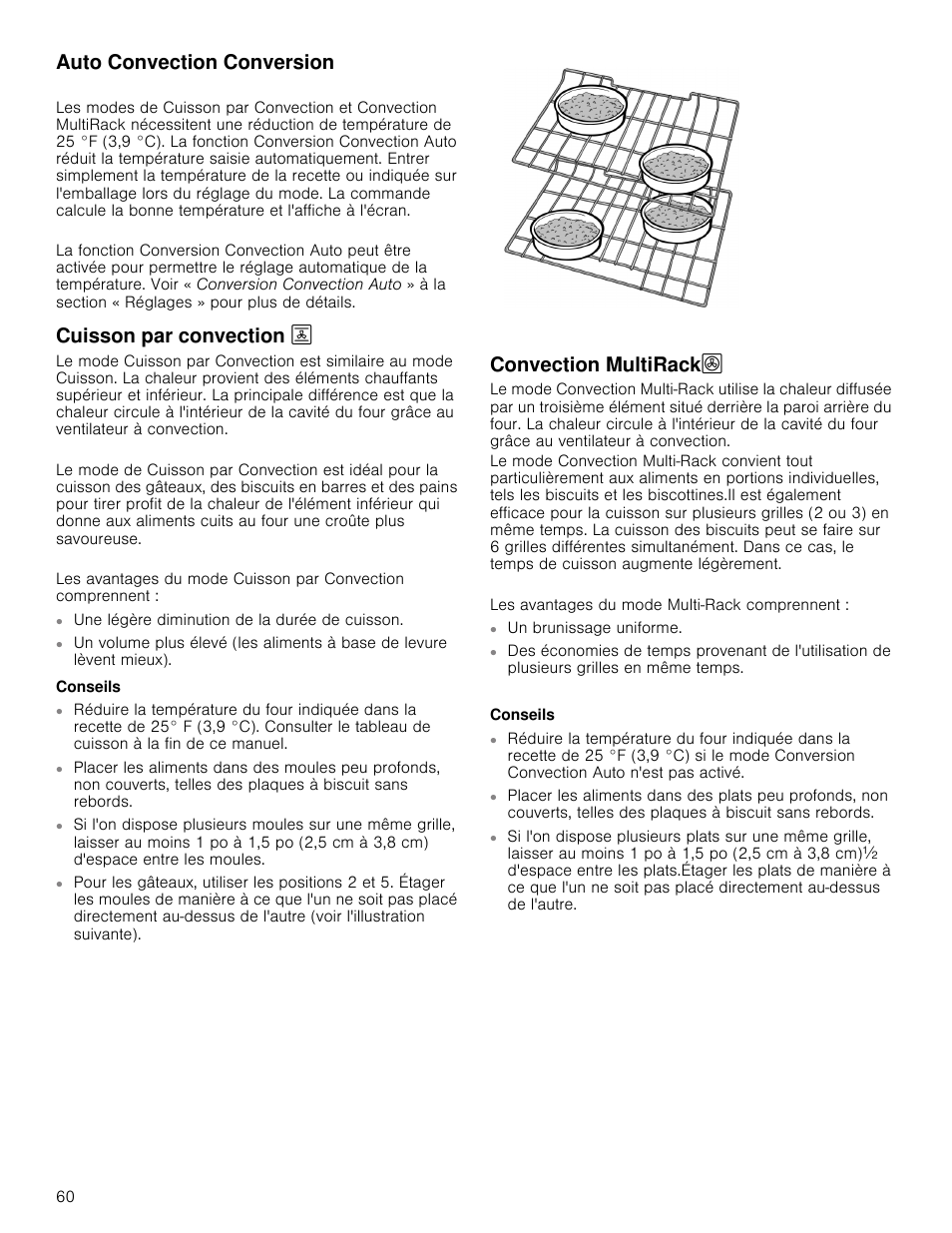 Auto convection conversion, Cuisson par convection 2, Conseils | Convection multirack, Cuisson par convection | Bosch 800 Series 30 Inch Double Speed Combination Smart Electric Wall Oven Owners Manual User Manual | Page 60 / 76