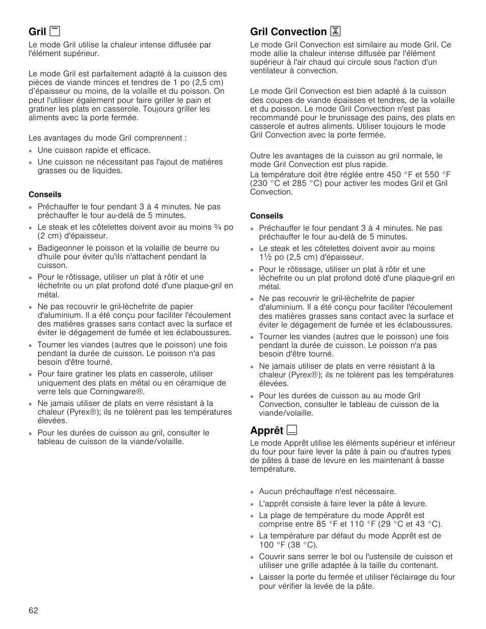 Gril, Conseils, Gril convection 4 | Apprêt, Gril convection | Bosch 800 Series 30 Inch Double Speed Combination Smart Electric Wall Oven Owners Manual User Manual | Page 62 / 76