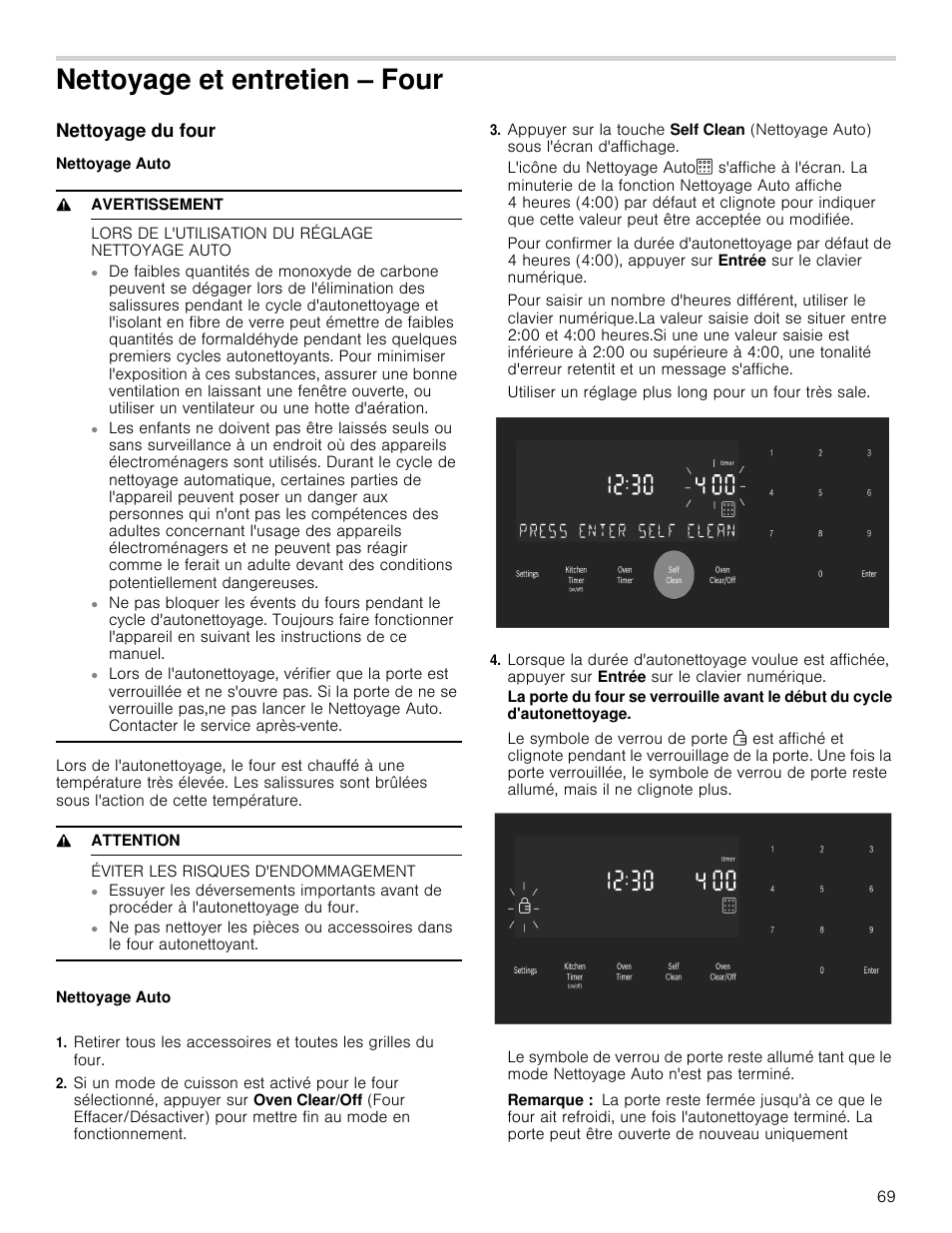 Nettoyage et entretien – four, Nettoyage du four, Nettoyage auto | 9 avertissement, Lors de l'utilisation du réglage nettoyage auto, 9 attention, Éviter les risques d'endommagement, Remarque | Bosch 800 Series 30 Inch Double Speed Combination Smart Electric Wall Oven Owners Manual User Manual | Page 69 / 76