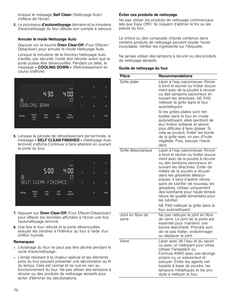 Remarques, Éviter ces produits de nettoyage, Guide de nettoyage du four | Bosch 800 Series 30 Inch Double Speed Combination Smart Electric Wall Oven Owners Manual User Manual | Page 70 / 76