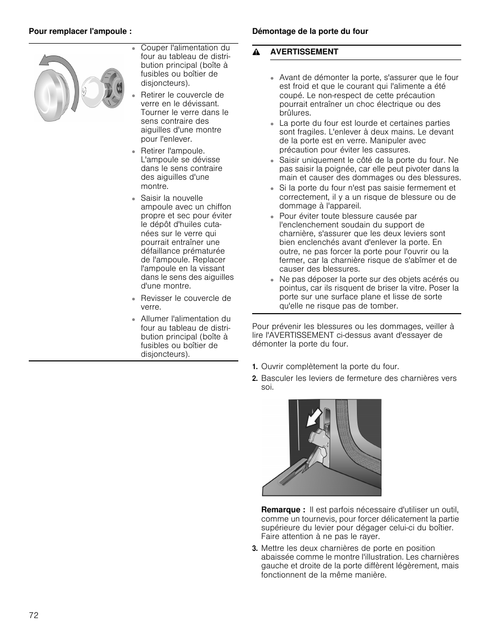 Démontage de la porte du four, 9 avertissement, Ouvrir complètement la porte du four | Remarque | Bosch 800 Series 30 Inch Double Speed Combination Smart Electric Wall Oven Owners Manual User Manual | Page 72 / 76