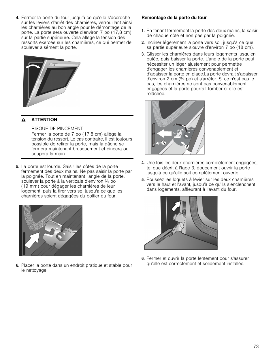 9 attention, Risque de pincement, Remontage de la porte du four | Bosch 800 Series 30 Inch Double Speed Combination Smart Electric Wall Oven Owners Manual User Manual | Page 73 / 76