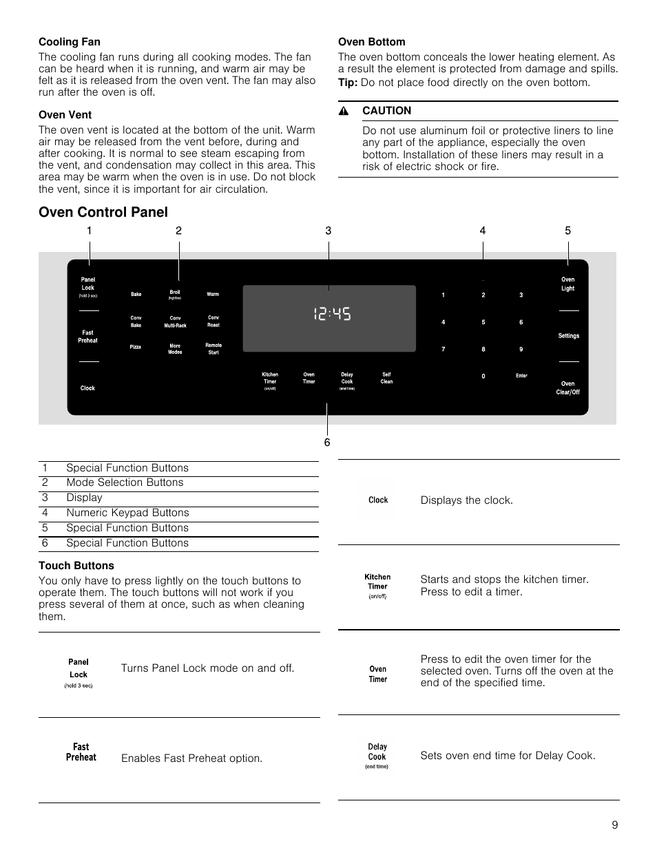 Cooling fan, Oven vent, Oven bottom | 9 caution, Oven control panel, Touch buttons | Bosch 800 Series 30 Inch Double Speed Combination Smart Electric Wall Oven Owners Manual User Manual | Page 9 / 76