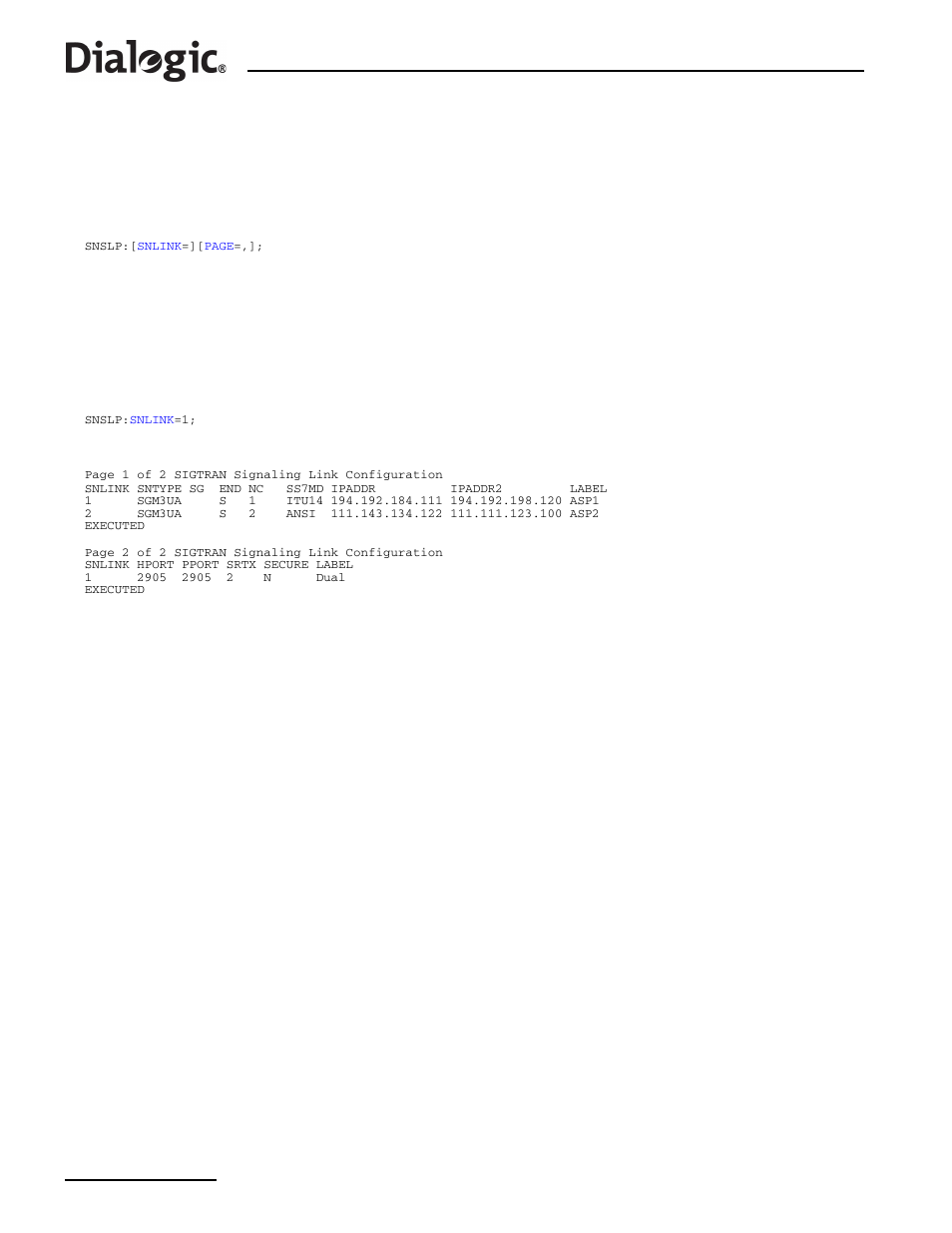 13 snslp, 13snslp – sigtran signaling link print, Snslp | Sigtran signaling link print | Dialogic SS7G2X User Manual | Page 122 / 170