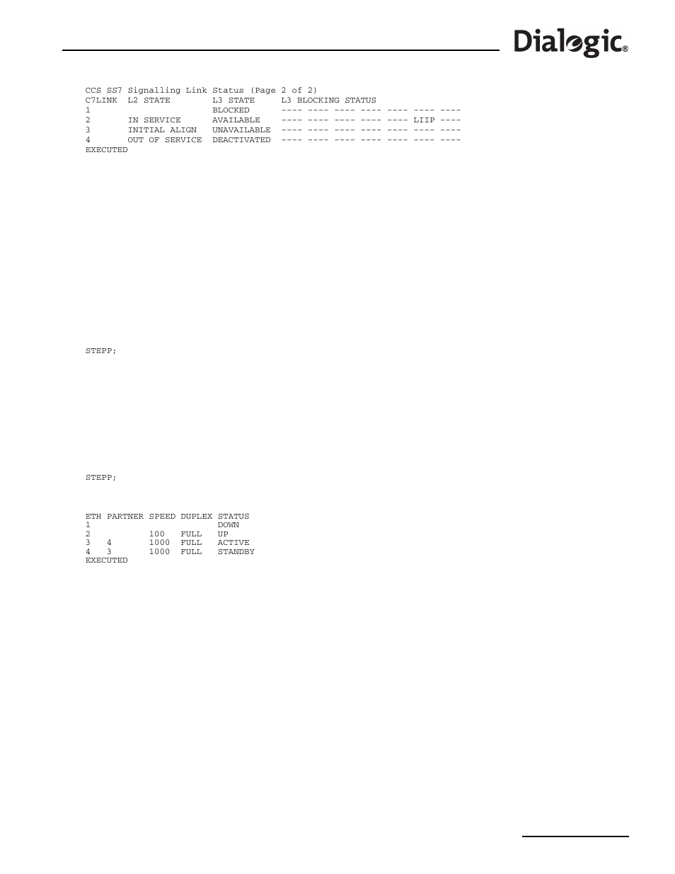6 stepp, 6 stepp – status ethernet port print, Stepp | Status ethernet port print | Dialogic SS7G2X User Manual | Page 129 / 170