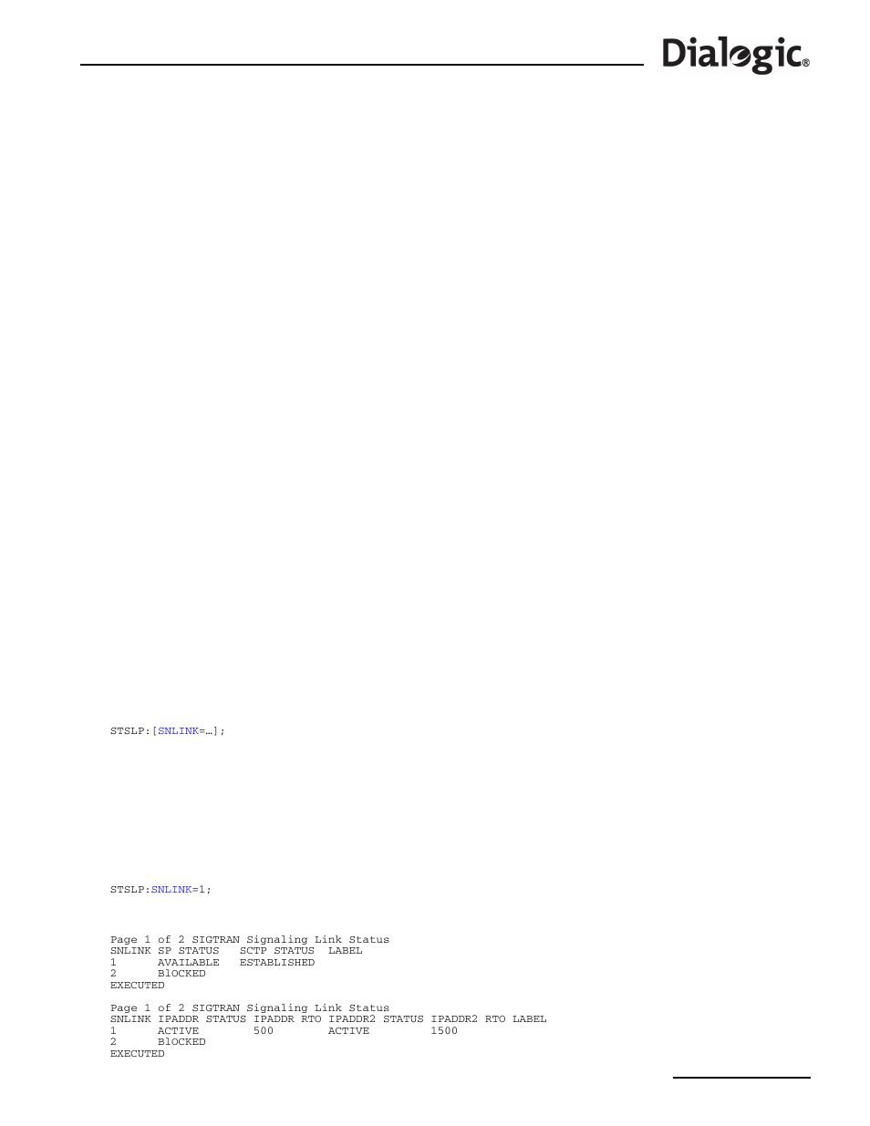 10 stslp, 10stslp – status sigtran link print, Stslp | Status sigtran link print | Dialogic SS7G2X User Manual | Page 133 / 170
