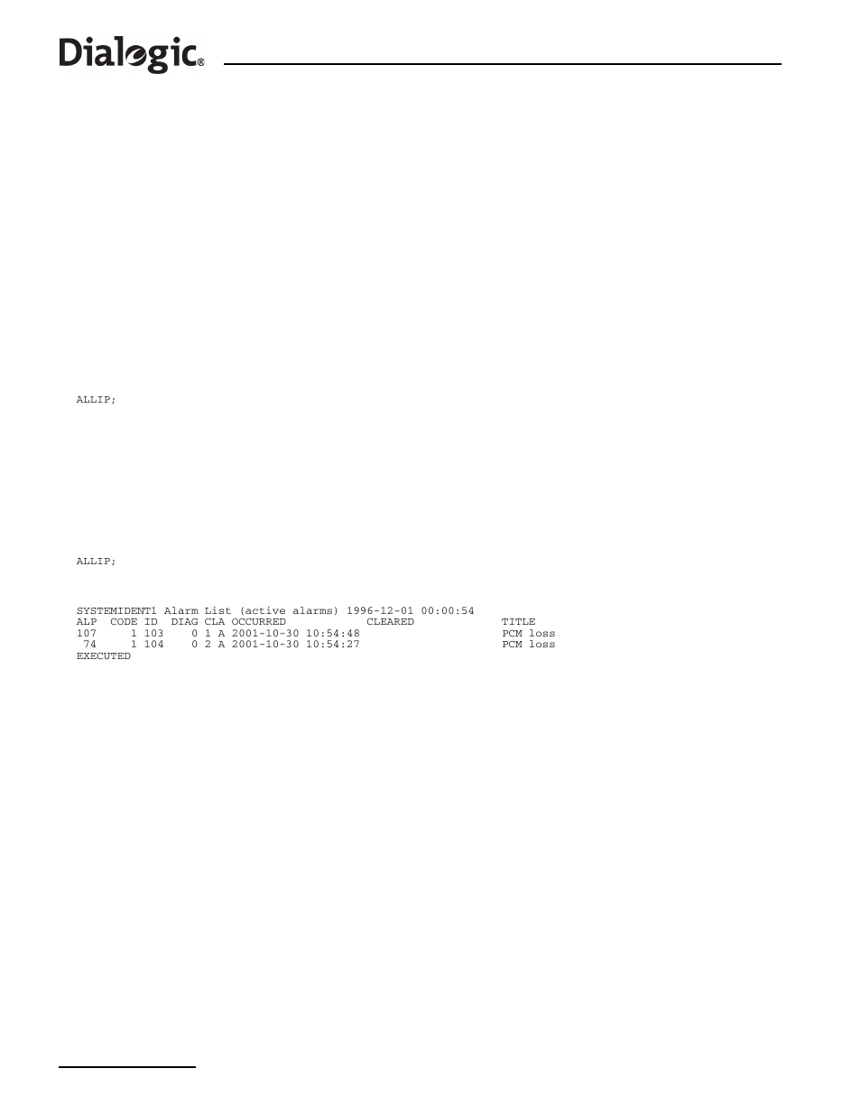 4 allip, Allip – alarm list print, Allip | Section 6.4.4, “allip” on, Alarm list print | Dialogic SS7G2X User Manual | Page 44 / 170