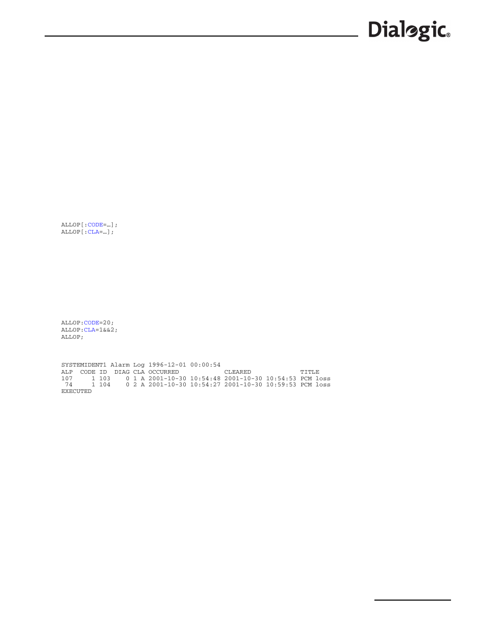 5 allop, Allop – alarm log print, Allop | Alarm log print | Dialogic SS7G2X User Manual | Page 45 / 170