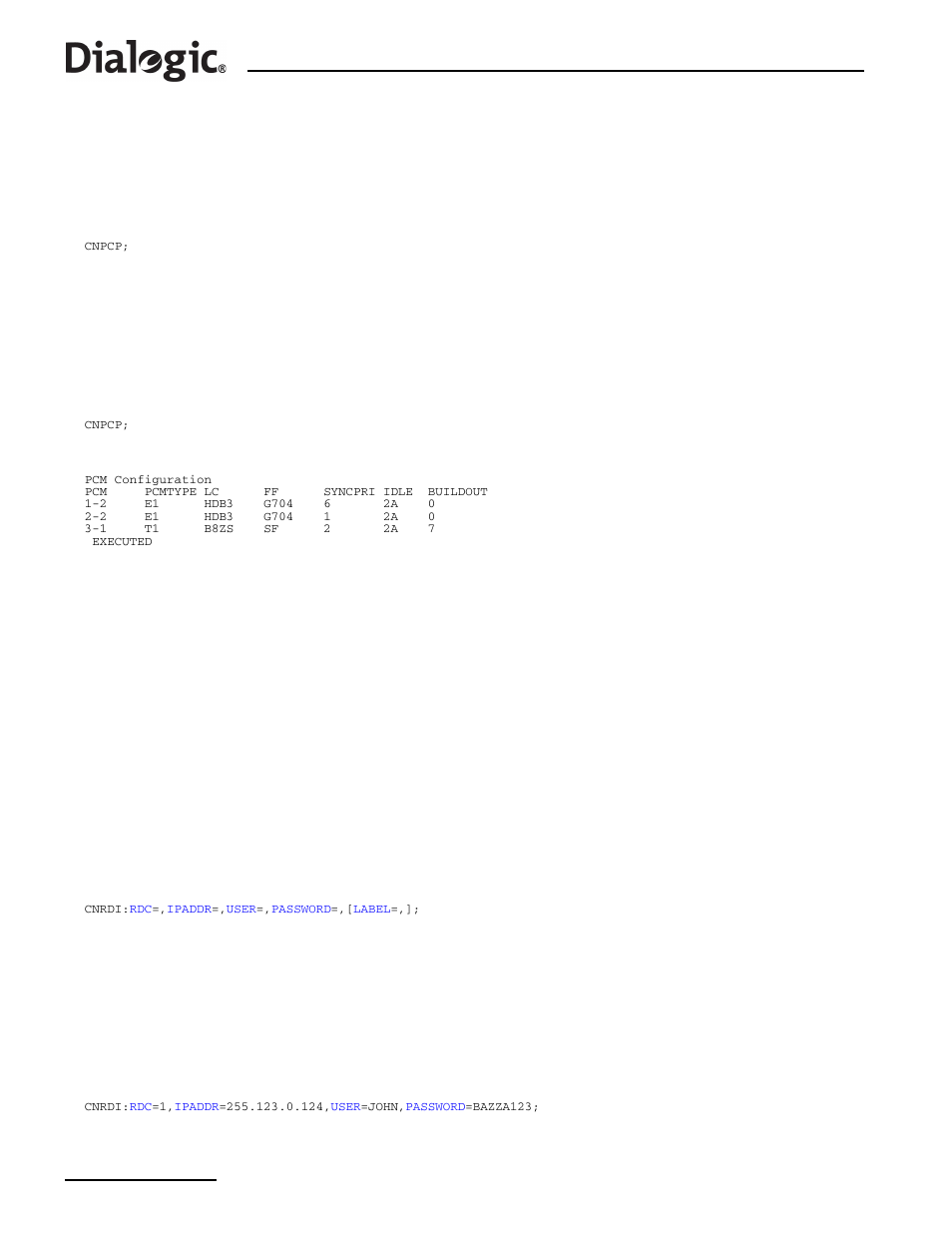 11 cnpcp, 12 cnrdi, 11 cnpcp – configuration pcm print | Cnpcp, Configuration pcm print, Cnrdi, Configuration remote data centre initiate | Dialogic SS7G2X User Manual | Page 54 / 170