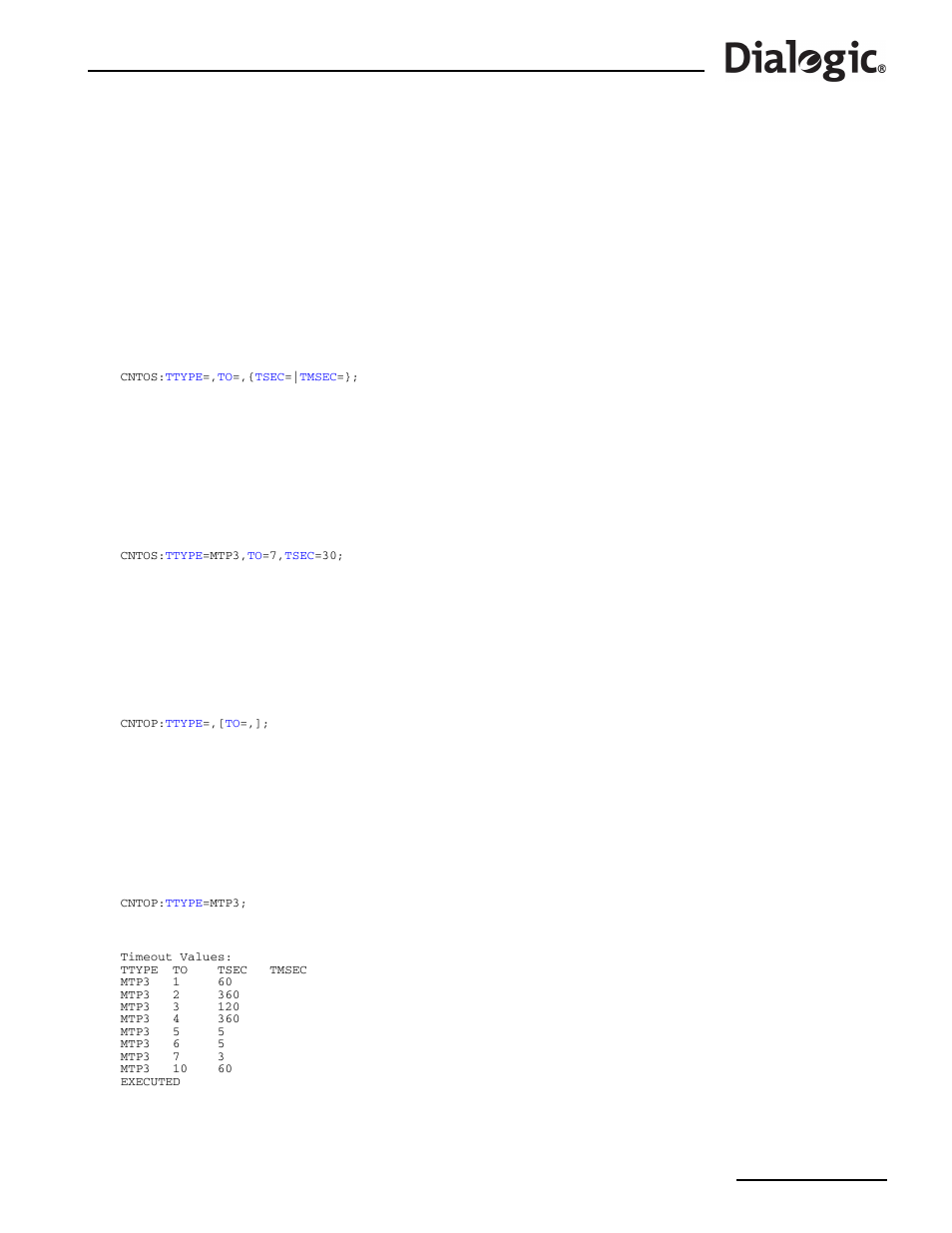 21 cntos, 22 cntop, 21 cntos – configuration timeout value set | 22 cntop – configuration timeout value print, Cntos, Configuration timeout value set, Cntop, Configuration timeout value print | Dialogic SS7G2X User Manual | Page 61 / 170