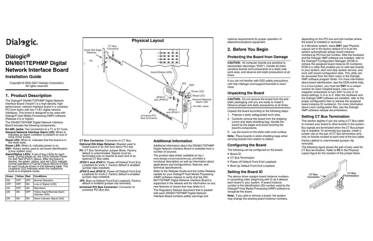 Dialogic Digital Network Interface Board DN/I601TEPHMP User Manual | 2 pages