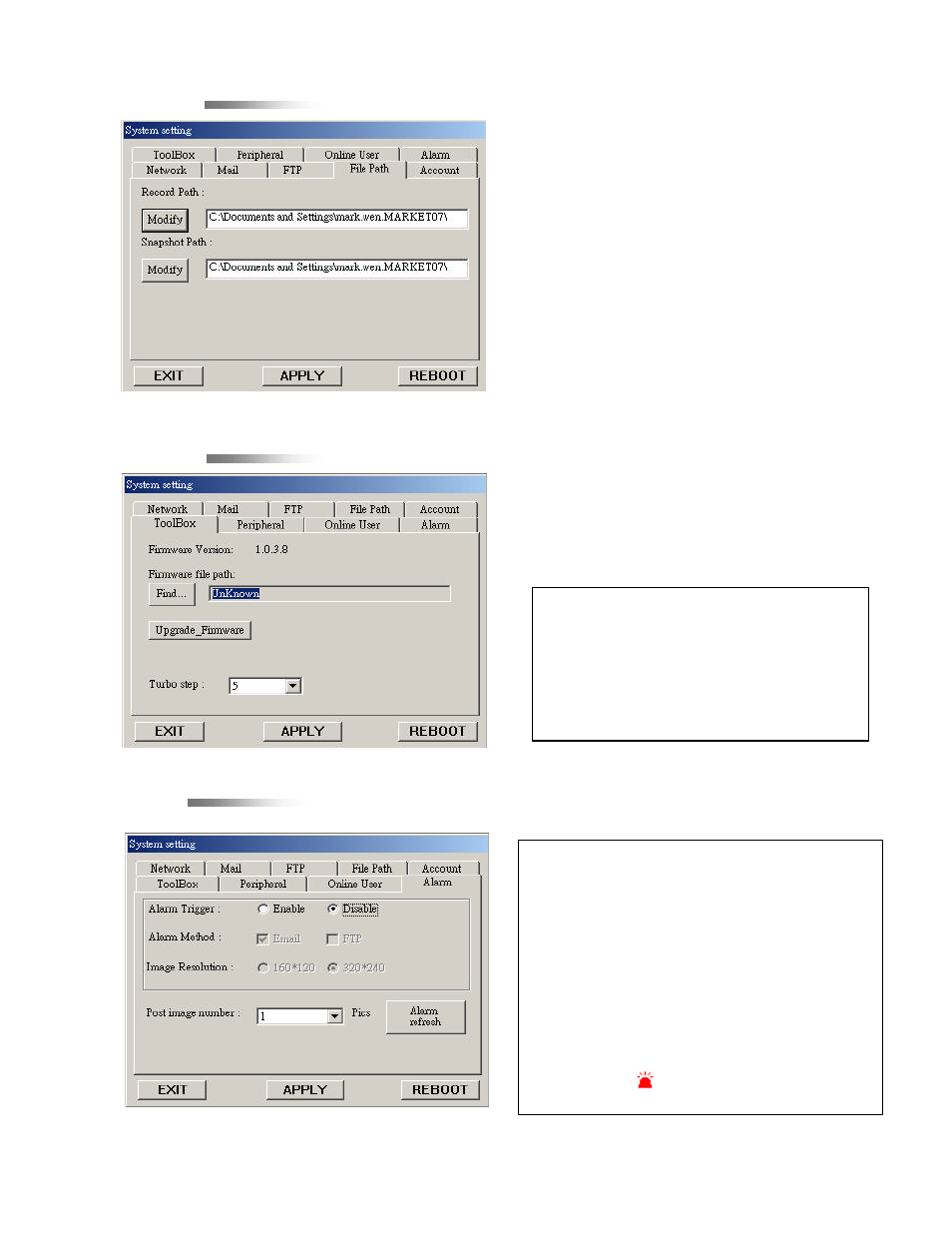 File path, File path toolbox toolbox alarm alarm | Digimerge D4202 User Manual | Page 34 / 44