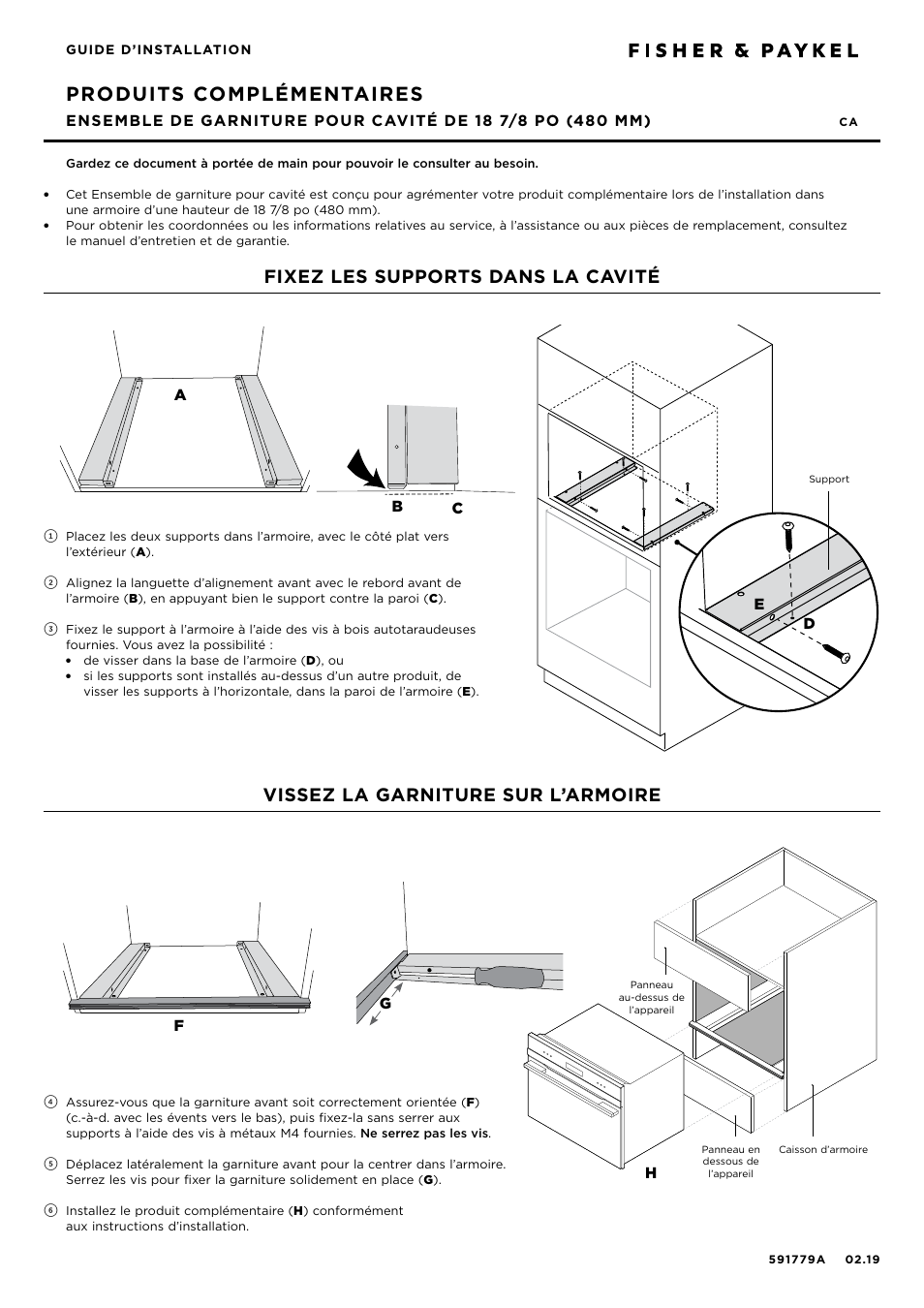 Produits complémentaires, Fixez les supports dans la cavité, Vissez la garniture sur l’armoire | Ab d e, Cg h | Fisher & Paykel Series 9 Contemporary Series 24 Inch Single Convection Speed Electric Wall Oven Installation Guide - Cavity Trim Kit User Manual | Page 2 / 2