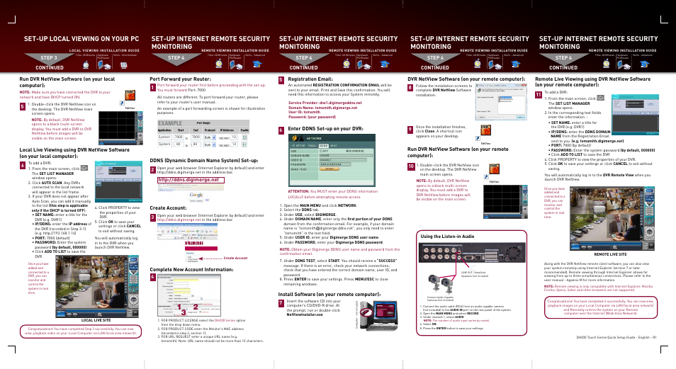 Set-up local viewing on your pc, Set-up internet remote security monitoring, Example | Step 4 port forward your router: 1, Create account, Complete new account information, Registration email, Step 4 continued enter ddns set-up on your dvr: 6, Step 4 continued, Run dvr netview software (on your local computer) | Digimerge DH200 User Manual | Page 2 / 2