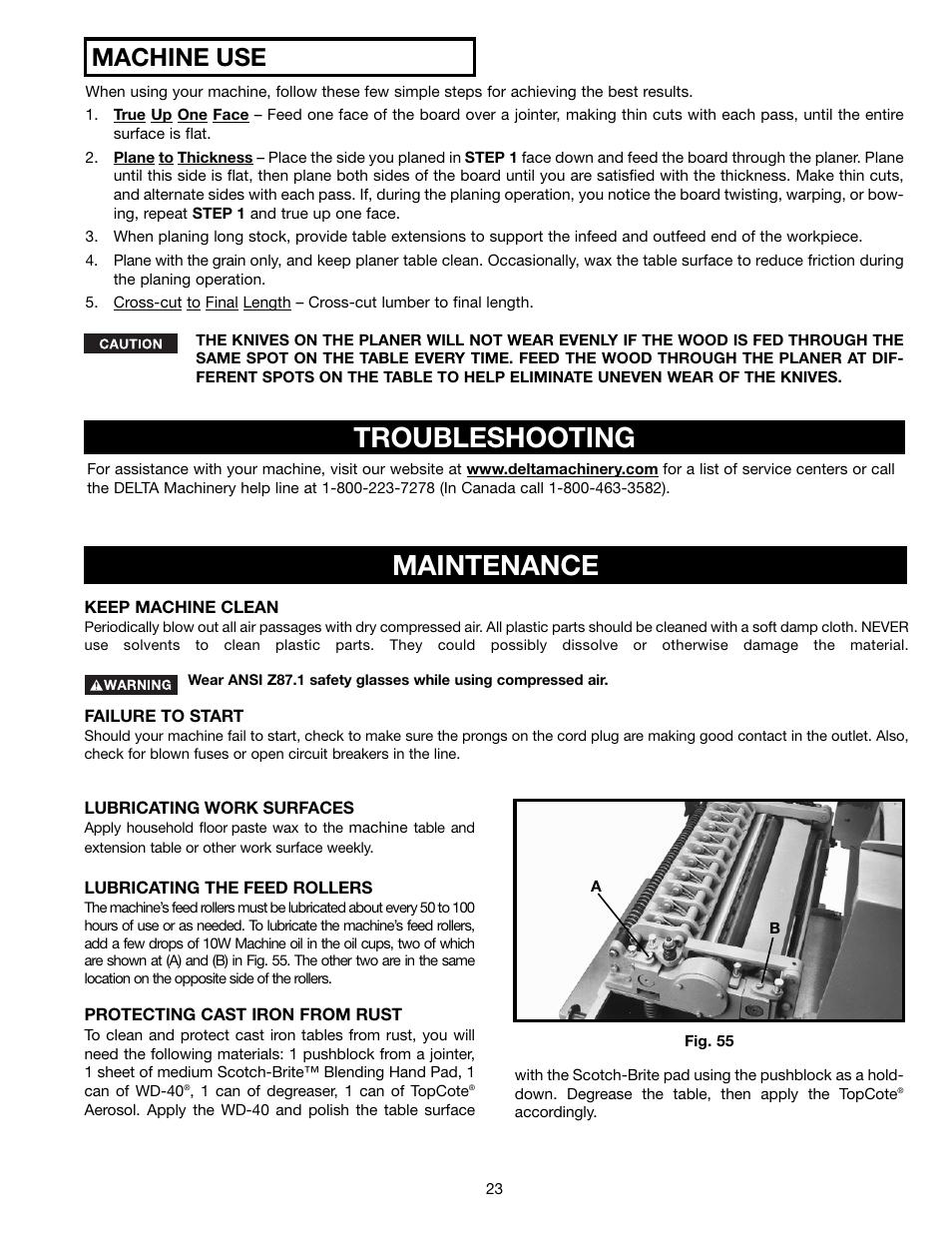 Troubleshooting, Maintenance, Machine use | Delta 22-470 User Manual | Page 23 / 28