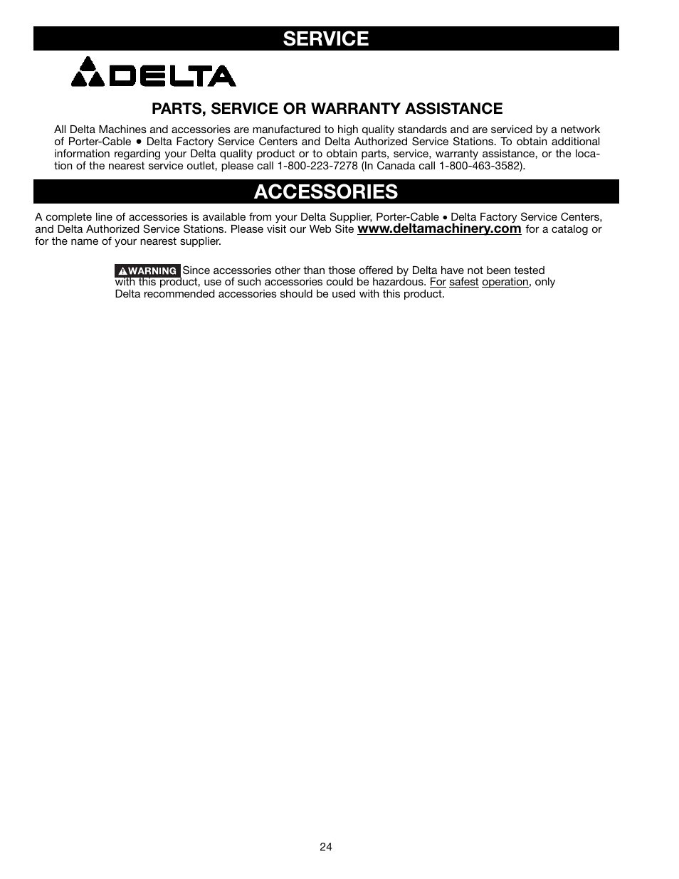 Accessories service, Parts, service or warranty assistance | Delta 22-470 User Manual | Page 24 / 28