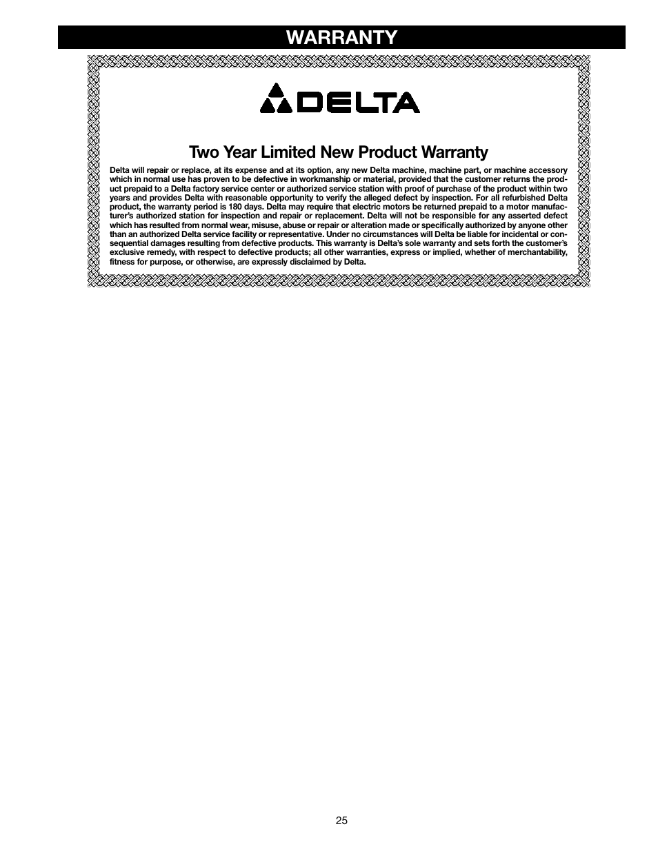 Warranty, Two year limited new product warranty | Delta 22-470 User Manual | Page 25 / 28