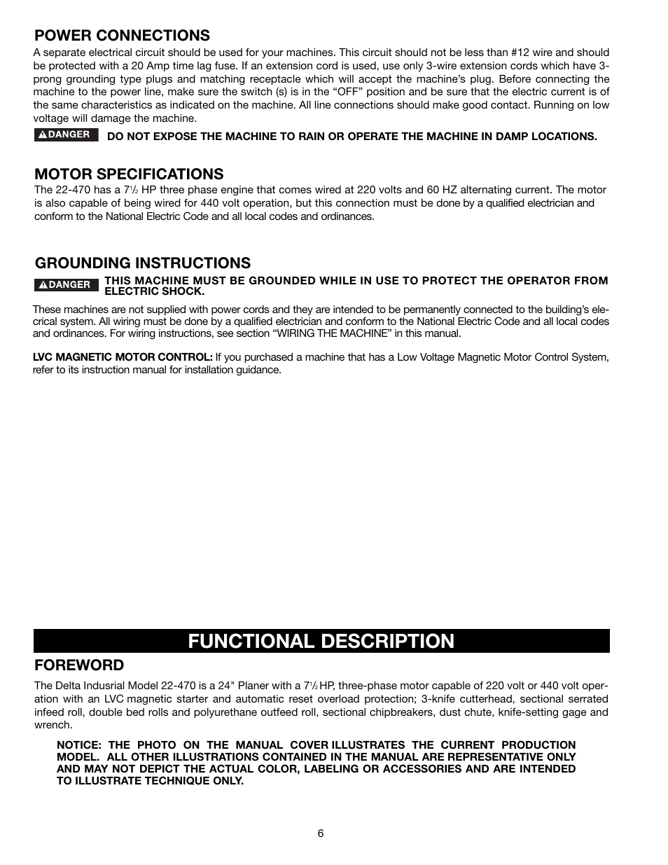 Functional description, Power connections motor specifications, Foreword | Grounding instructions | Delta 22-470 User Manual | Page 6 / 28