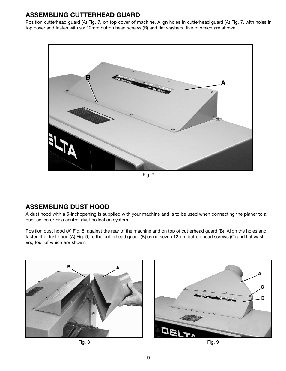 Assembling cutterhead guard, Assembling dust hood | Delta 22-470 User Manual | Page 9 / 28