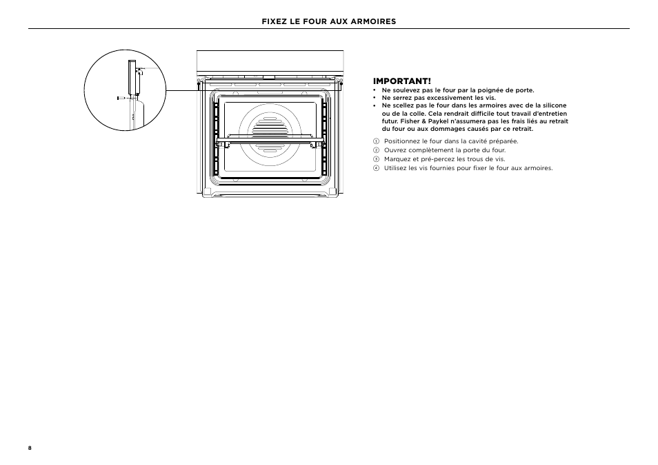 Important, Fixez le four aux armoires | Fisher & Paykel Series 9 Minimal Series 24 Inch Single Smart Electric Wall Oven Installation Guide User Manual | Page 18 / 20