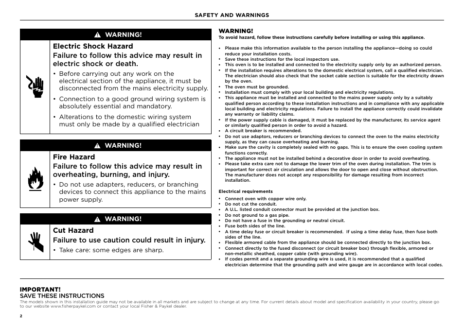 Warning, Take care: some edges are sharp, Important! save these instructions | Safety and warnings | Fisher & Paykel Series 9 Minimal Series 24 Inch Single Smart Electric Wall Oven Installation Guide User Manual | Page 2 / 20
