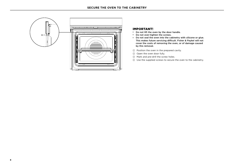 Important, Secure the oven to the cabinetry | Fisher & Paykel Series 9 Minimal Series 24 Inch Single Smart Electric Wall Oven Installation Guide User Manual | Page 8 / 20