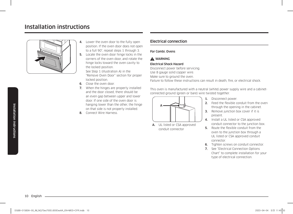 Electrical connection, Installation instructions | Samsung BESPOKE 30 Inch Smart Combination Electric Wall Oven Installation Guide User Manual | Page 10 / 48