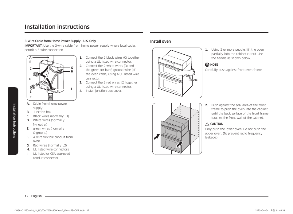 Install oven, Installation instructions | Samsung BESPOKE 30 Inch Smart Combination Electric Wall Oven Installation Guide User Manual | Page 12 / 48