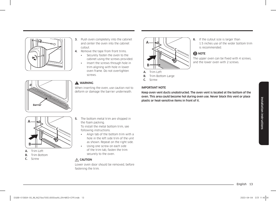 Samsung BESPOKE 30 Inch Smart Combination Electric Wall Oven Installation Guide User Manual | Page 13 / 48