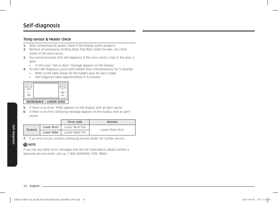 Self-diagnosis, Temp sensor & heater check, Self-diagnosis 14 | Samsung BESPOKE 30 Inch Smart Combination Electric Wall Oven Installation Guide User Manual | Page 14 / 48