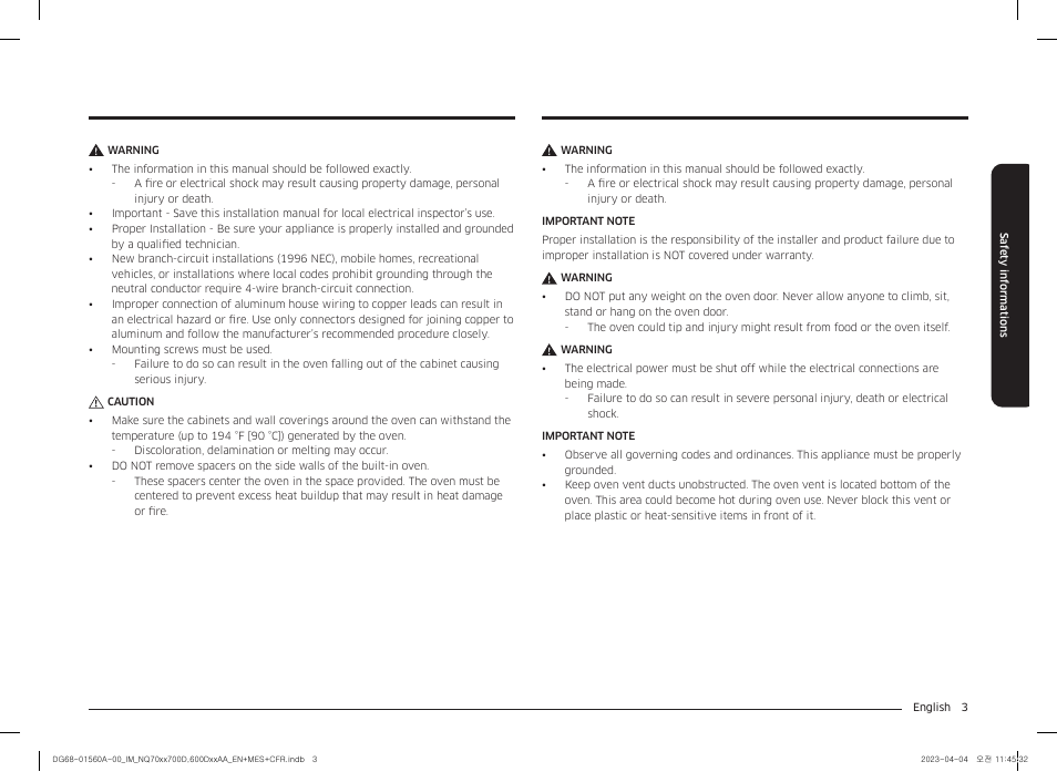 Samsung BESPOKE 30 Inch Smart Combination Electric Wall Oven Installation Guide User Manual | Page 3 / 48