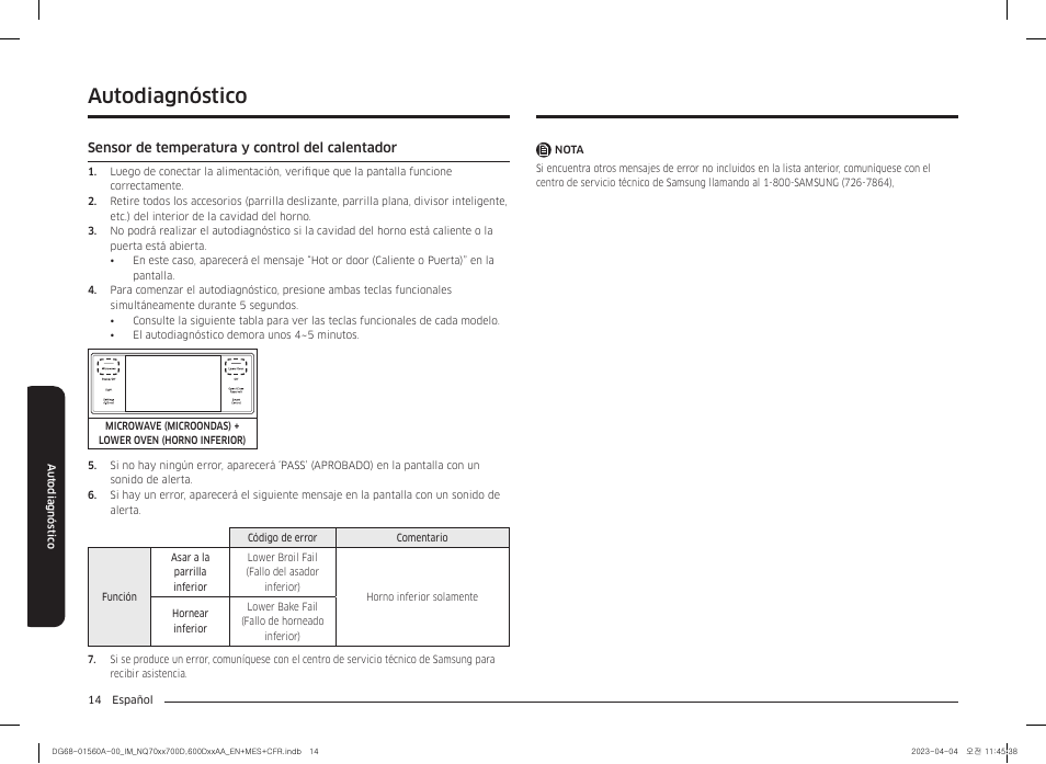 Autodiagnóstico, Sensor de temperatura y control del calentador, Autodiagnóstico 14 | Samsung BESPOKE 30 Inch Smart Combination Electric Wall Oven Installation Guide User Manual | Page 30 / 48