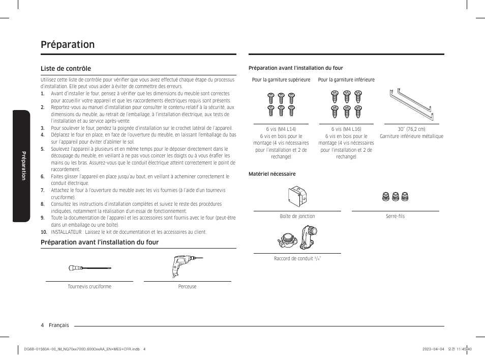 Préparation, Liste de contrôle, Préparation avant l’installation du four | Préparation 4 | Samsung BESPOKE 30 Inch Smart Combination Electric Wall Oven Installation Guide User Manual | Page 36 / 48