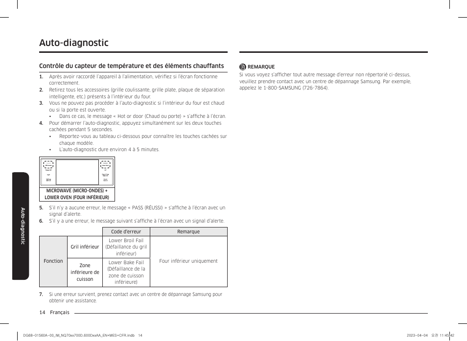 Auto-diagnostic, Auto-diagnostic 14 | Samsung BESPOKE 30 Inch Smart Combination Electric Wall Oven Installation Guide User Manual | Page 46 / 48