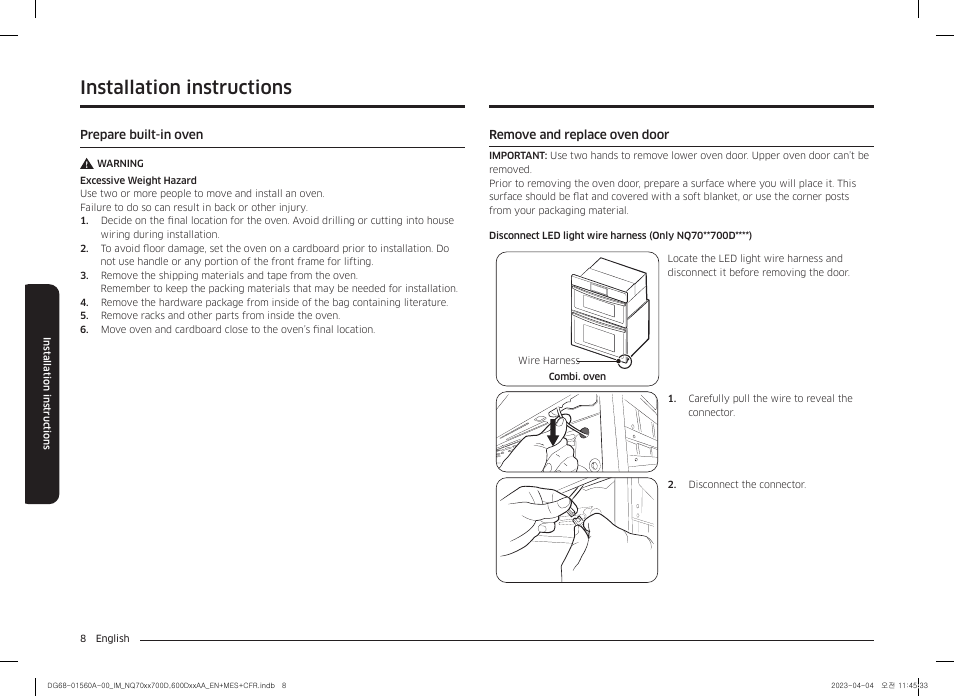 Installation instructions, Prepare built-in oven, Remove and replace oven door | Samsung BESPOKE 30 Inch Smart Combination Electric Wall Oven Installation Guide User Manual | Page 8 / 48