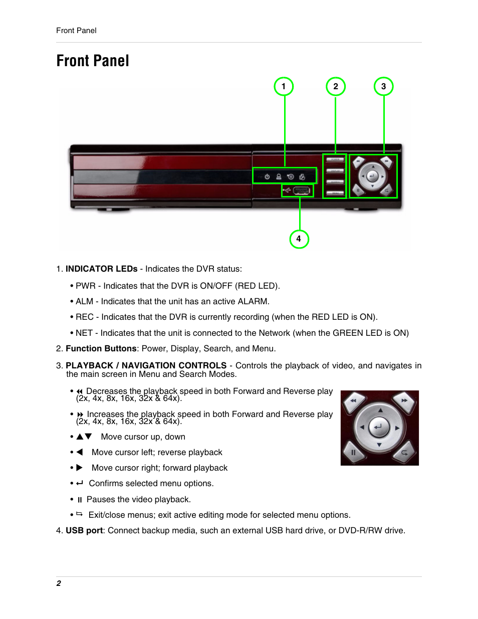 Indicator leds - indicates the dvr status, Function buttons: power, display, search, and menu, Front panel | Digimerge DHU104 User Manual | Page 10 / 88