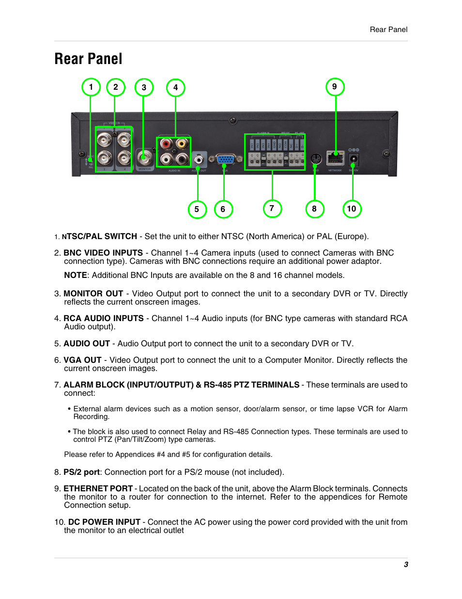 Rear panel | Digimerge DHU104 User Manual | Page 11 / 88