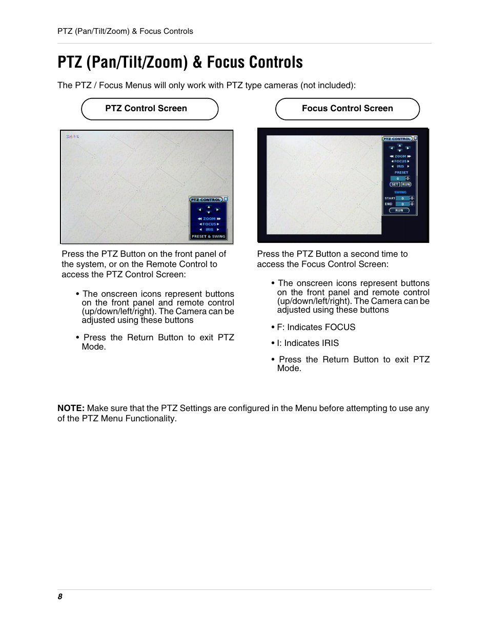 Ptz (pan/tilt/zoom) & focus controls | Digimerge DHU104 User Manual | Page 16 / 88