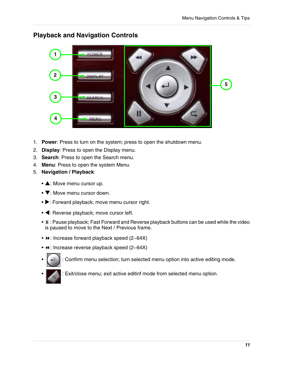 Display: press to open the display menu, Search: press to open the search menu, Menu: press to open the system menu | Navigation / playback, Playback and navigation controls | Digimerge DHU104 User Manual | Page 19 / 88