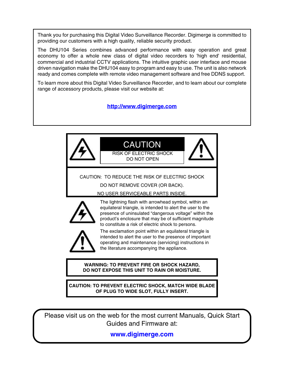 Caution | Digimerge DHU104 User Manual | Page 2 / 88