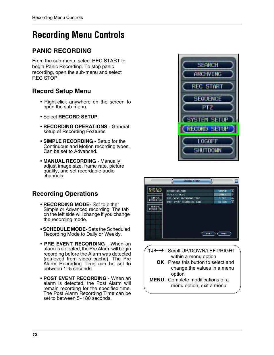 Recording menu controls | Digimerge DHU104 User Manual | Page 20 / 88