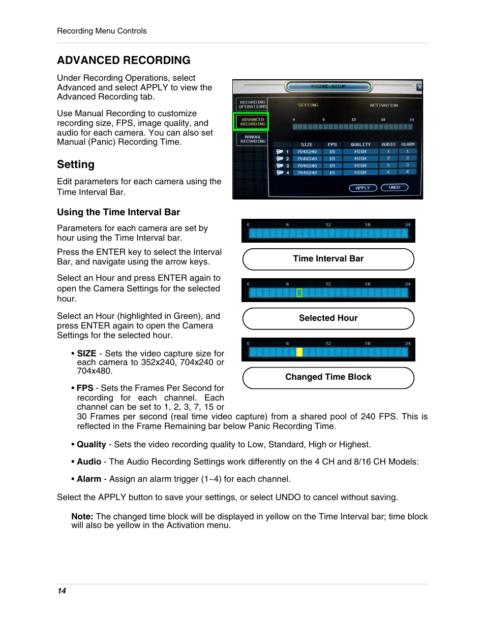 Using the time interval bar, Advanced recording setting, Advanced recording | Setting | Digimerge DHU104 User Manual | Page 22 / 88