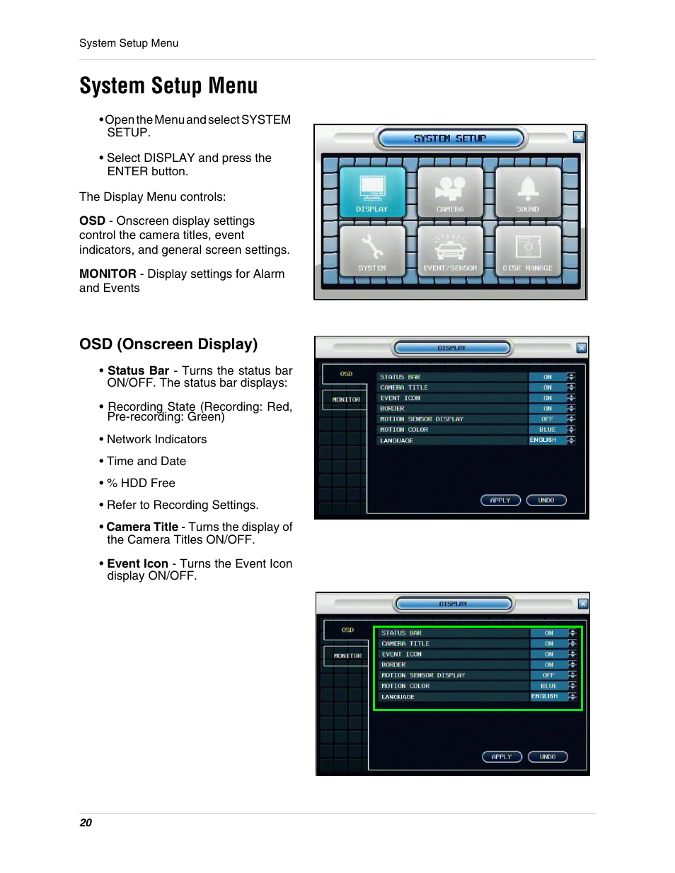 System setup menu, Osd (onscreen display) | Digimerge DHU104 User Manual | Page 28 / 88